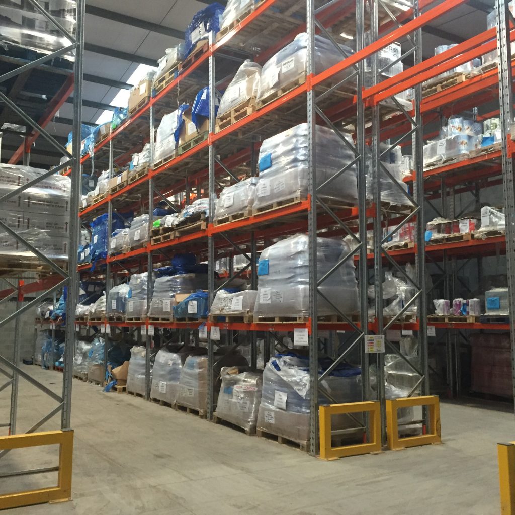 Protection barriers on pallet racking warehouse